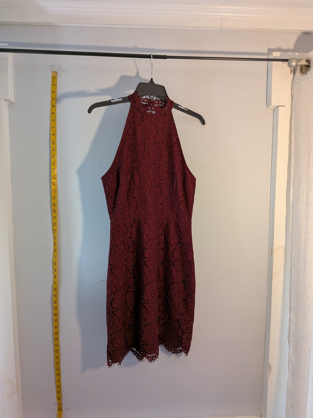 BB Dakota Burgundy High-Neck Lace Mini Dress